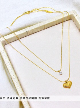 钛钢不掉色双层爱心竹节链项链