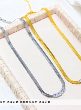 法式钛钢项链锆石女扁蛇骨锁骨链