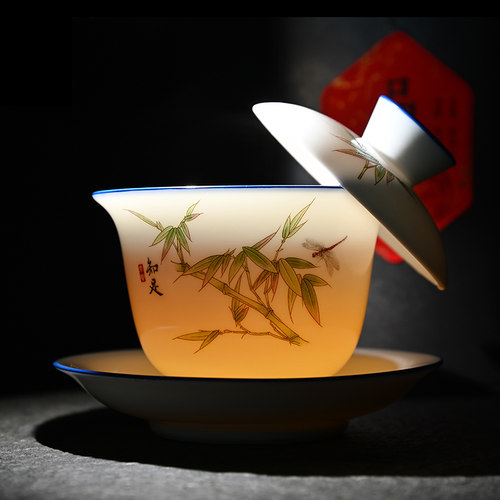 可悬停旋转盖碗茶杯茶具单个高档羊脂玉三才带盖子茶碗泡茶手抓壶 - 图0