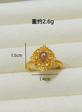 铜合金仿真金固话花朵戒指女小众设计感宫廷风蕾丝紫锆戒指首饰品