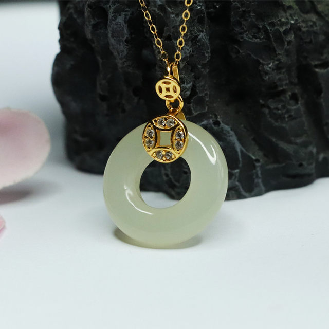 S925 silver inlaid with natural Hetian jade pendant, ice clear horizontal security ring pendant jewelry, high-end clavicle chain necklace