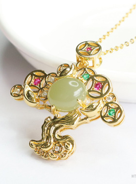 天然和田玉晴水玉石吊坠铜钱树项链和田玉吊坠送女友如意国风