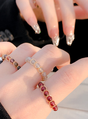 天然石碧玺戒指女小众设计高级感素圈戒指复古尾戒开口食指戒指女