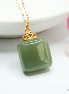 S925银镶天然方牌和田玉无事牌吊坠珠宝爆款玉坠青玉和田玉佩