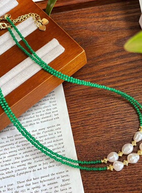 天然珍珠项链绿色猫眼石天然巴洛克淡水珍珠项链锁骨链配饰