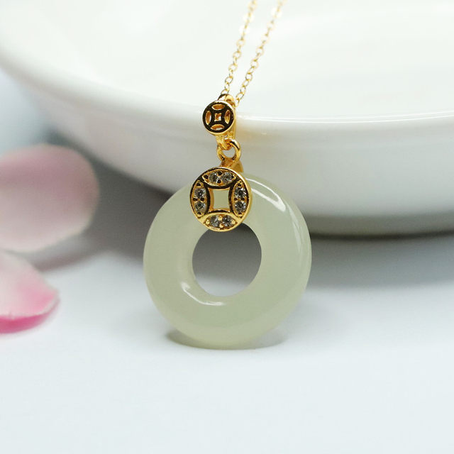 S925 silver inlaid with natural Hetian jade pendant, ice clear horizontal security ring pendant jewelry, high-end clavicle chain necklace