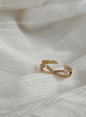 亮眸日韩交叉镶钻锆石戒指女轻奢小众设计感指环时尚气质开口戒