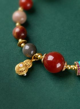 阿拉善南红玛瑙手链串珠女士古法沙金隔珠多宝文玩佛珠手串批发