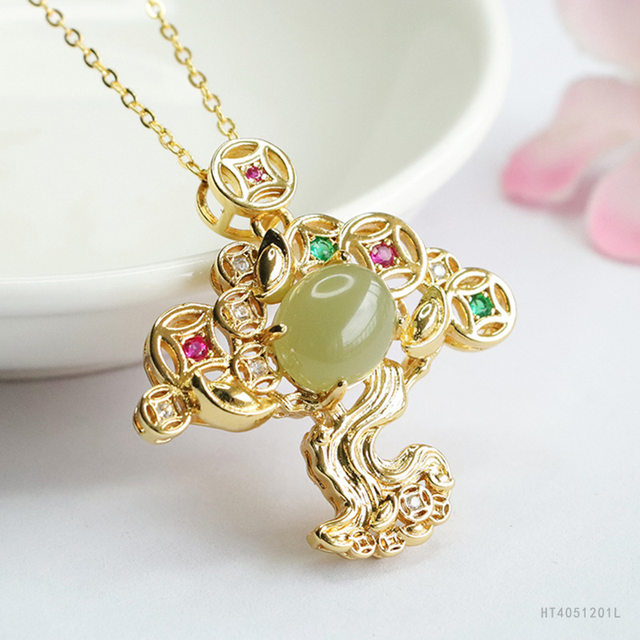 Natural Hetian Jade Qingshui Jade Pendant Copper Money Tree Necklace Hetian Jade Pendant as a Gift for Your Girlfriend in Chinese Style