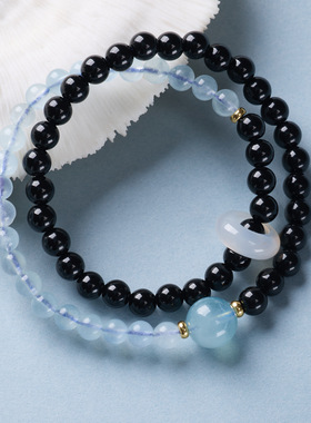 天然黑曜石海蓝宝手串五行补水手链双圈叠戴新中式设计款手串批发