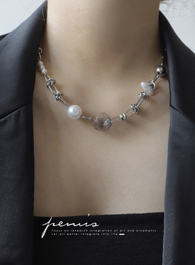 幻空机械姬银灰玻璃球钛钢项链