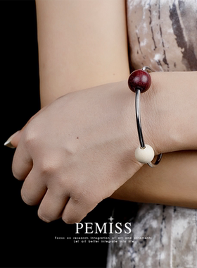 PEMISS檀木实心木质木头圆手镯简约钛钢不掉色新中式国风首饰礼物