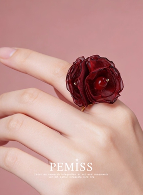 PEMISS复古酒红欧根纱红玛瑙戒指