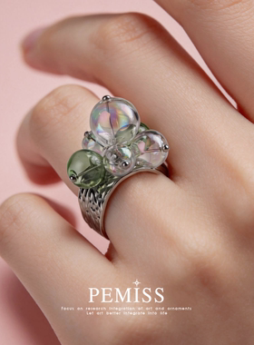 PEMISS凝翠玻璃球开口戒指女复古