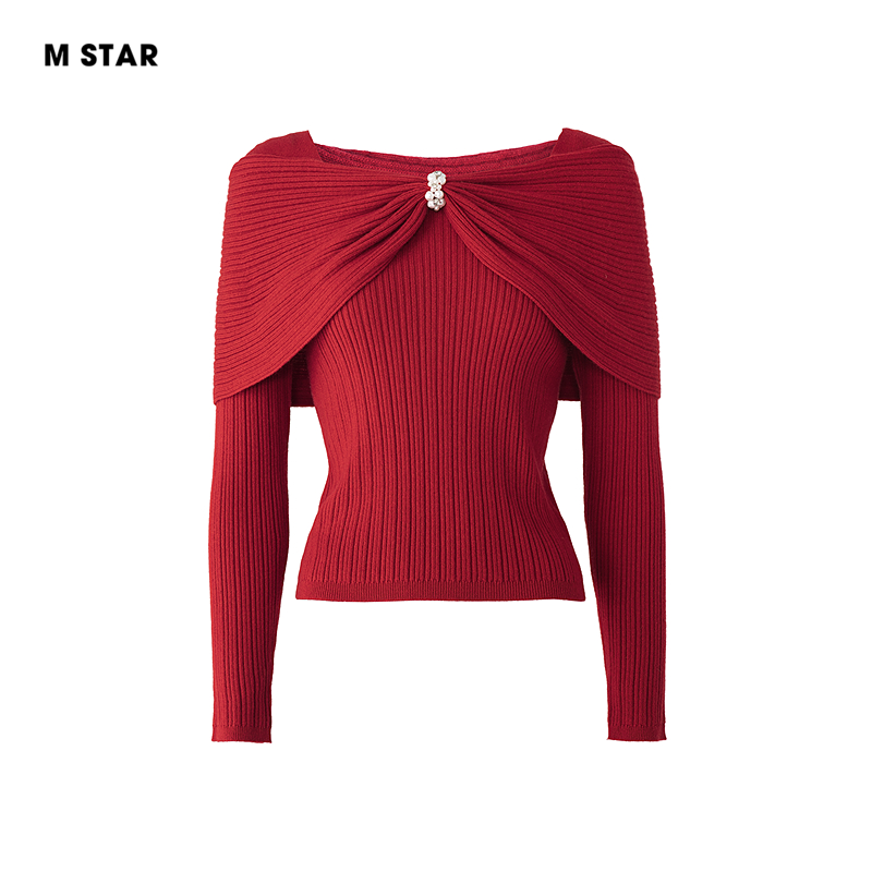 M STAR冬季新款套头毛织上衣长袖羊毛保暖日常休闲红色打底女士 - 图3