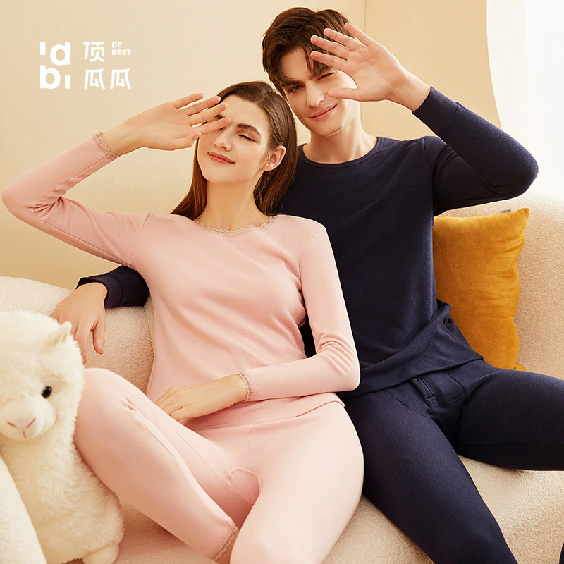 顶瓜瓜秋冬情侣保暖内衣套装加绒加厚蕾丝边圆领男女秋衣秋裤套装