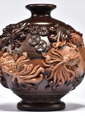 实木花瓶摆件黑檀木客厅木雕红木雕刻家居工艺品金玉满堂木花瓶