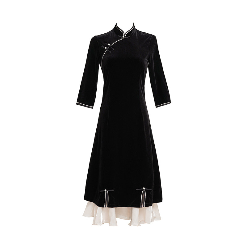 雯卿黑色金丝绒年轻款少女连衣裙 雯卿旗袍