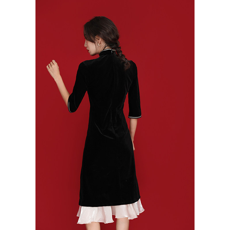 雯卿黑色金丝绒年轻款少女连衣裙 雯卿旗袍