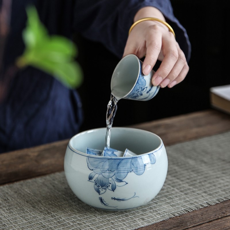 仿古青花茶洗小号建水茶杯洗茶道笔洗陶瓷水盂茶渣缸功夫茶具配件 - 图0