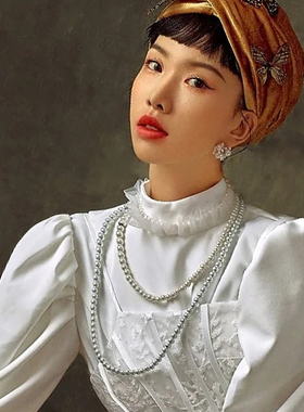 新款双层珍珠项链中长款锁骨链子女士拍照写真配饰品毛衣链子1393