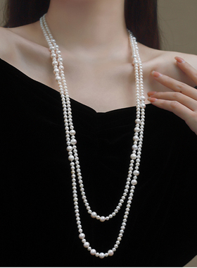 三层珍珠项链女士多层叠戴毛衣链中长款颈链子法式复古锁骨链304