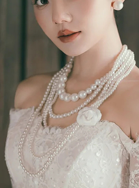 多层珍珠项链婚庆配饰品新娘颈链女士五层锁骨链长款毛衣链子618