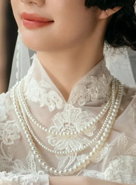 多层珍珠项链法式配婚纱礼服颈链
