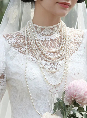 多层珍珠项链配婚纱礼服颈链子女士摄影拍照饰品锁骨链中长款530
