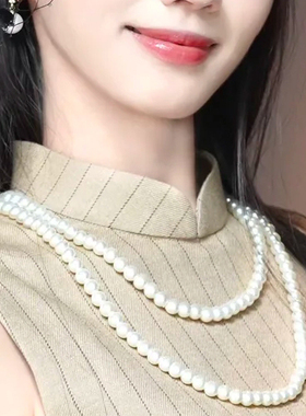 搭配旗袍珍珠项链配饰品复古风毛衣链女士双层叠戴锁骨链颈链539