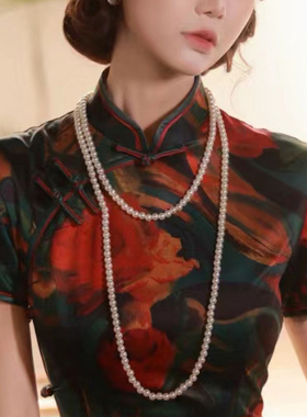 搭配旗袍珍珠项链新中式摄影拍照配饰品中长款女双层毛衣链子415