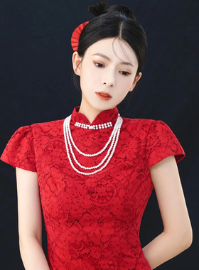 仿珍珠项链红色旗袍配饰品女士多层锁骨链颈链三层叠戴毛衣链1089