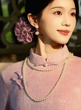 搭配旗袍珍珠项链配饰品双层中长款锁骨链颈链子女士毛衣链子541