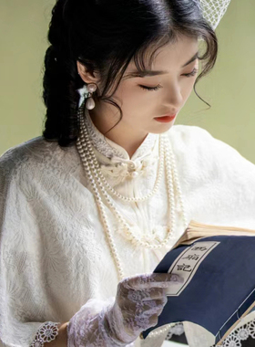 三层珍珠项链新中式配旗袍配饰品女士多层中长款毛衣链颈链子062