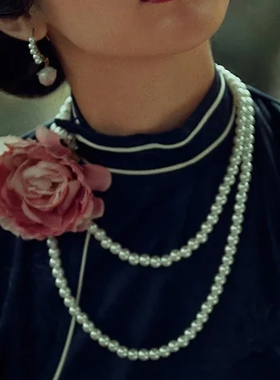 双层珍珠项链配旗袍配饰品拍照道具颈链女士夏季毛衣链中长款380
