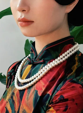 多层珍珠项链配旗袍配饰品双层锁骨链短款毛衣链女士项圈颈链435