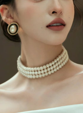 多层珍珠项链宴会配礼服配饰品颈链女士法式赫本风毛衣链颈带640