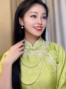 双层珍珠项链配旗袍配饰品多层颈链中长款锁骨链子女款毛衣链1074