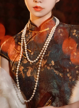 搭配旗袍珍珠项链妈妈款饰品双层颈链锁骨链中长款毛衣链女款1974