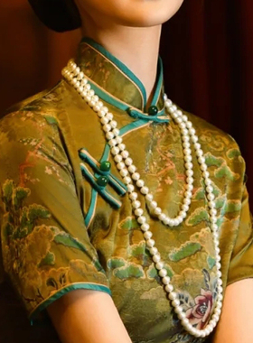 配旗袍珍珠项链国风双层叠戴毛衣链女士多圈中长款锁骨链颈链293