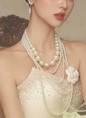法式复古多层大珍珠锁骨链