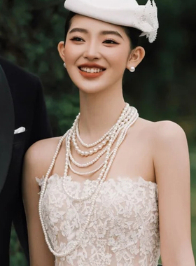 多层珍珠颈链长款项链女款法式复古锁骨链六层毛衣链子choker747