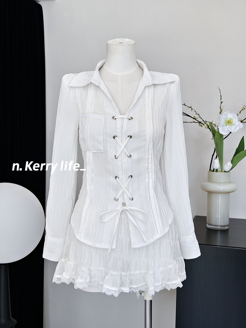 早秋套装 收腰显瘦白色衬衫+ 牛仔提花小香短外套女富家千金穿搭 - 图0