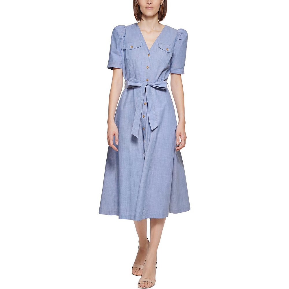 calvin klein女士 Chambray Puff Sleeve Shirtdress light denim - 图2