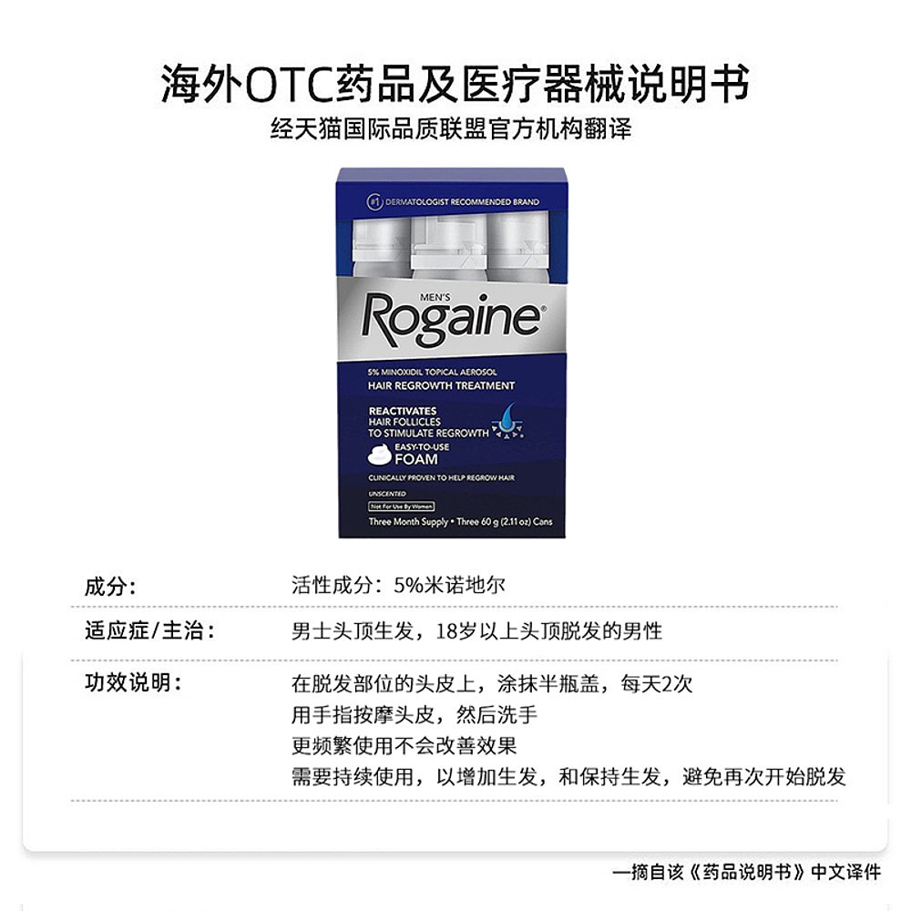 美国直邮Rogaine培健落健5%米诺地尔酊男士生发泡沫浓密丰盈60g*3 - 图3