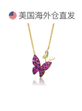 自营geneviveGV 纯银 14k 黄金镀红宝石立方氧化锆双蝴蝶分层项链