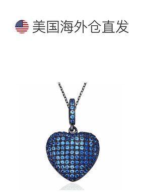 自营 Suzy Levian 蓝色立方氧化锆黑色纯银密镶心形吊坠 美国奥莱