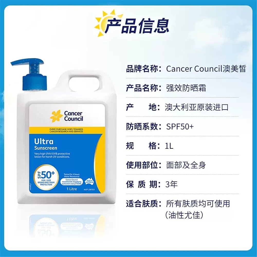 澳大利亚直邮cancercouncil澳美皙加强版防晒霜SPF50+1L家庭装 - 图3