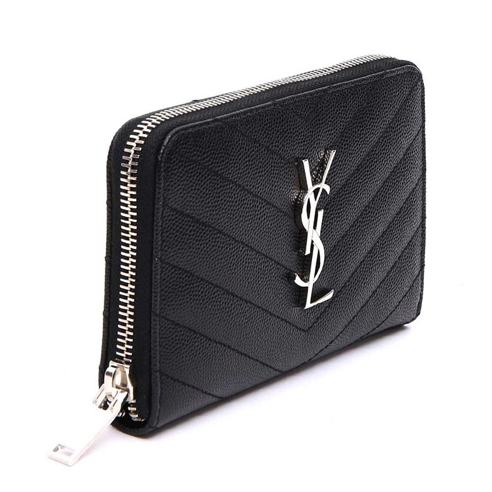 YSL 圣罗兰 女士黑色皮革金属logo手拿包短款钱包 481407-B