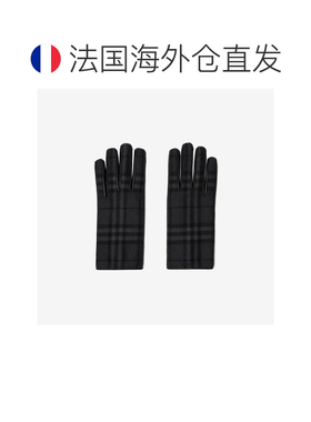 自营欧洲直邮Burberry博柏利 女士灰色羊毛格纹皮革拼接手套
